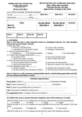 Đề thi thử vào Lớp 10 THPT môn Tiếng Anh (Chuyên) lần 2 - Năm học 2018-2019 - Phòng giáo dục và đào tạo huyện Tân Thành (Có đáp án)